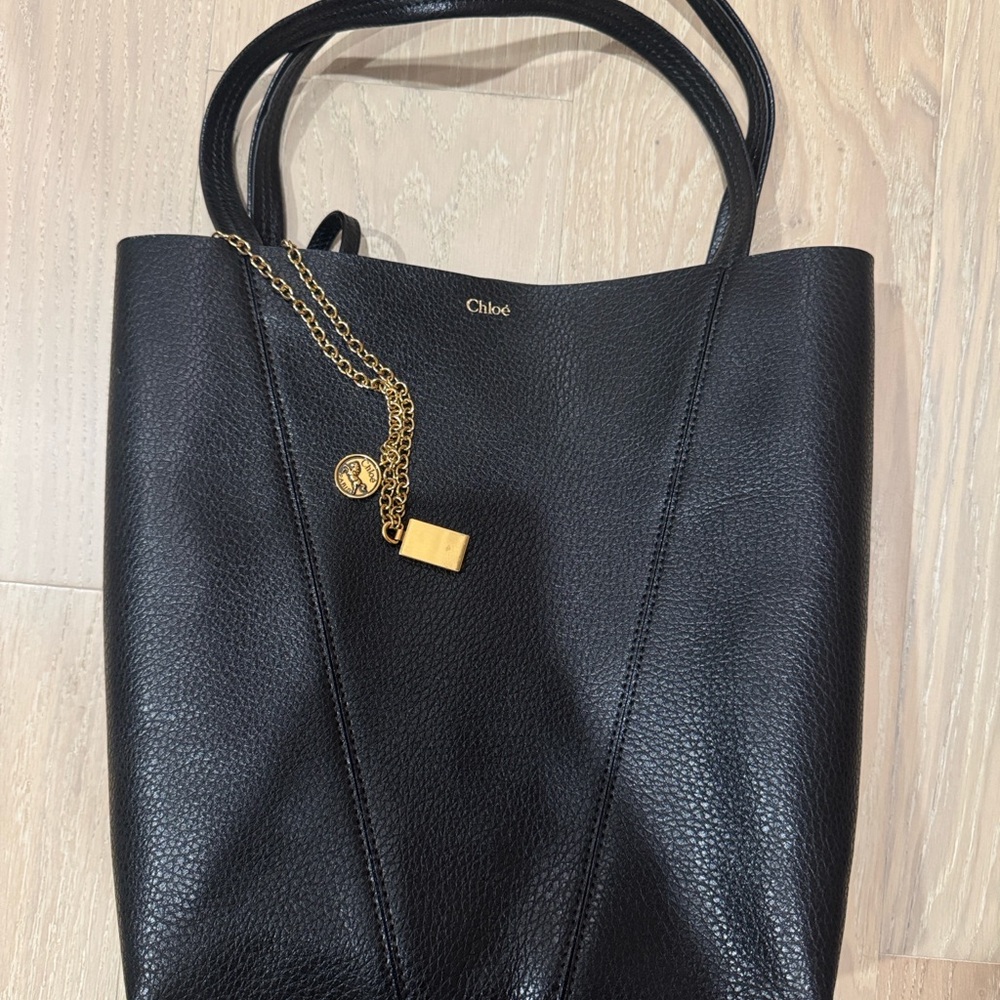 Black Pebbled Leather Tote with Gold Chain Charm